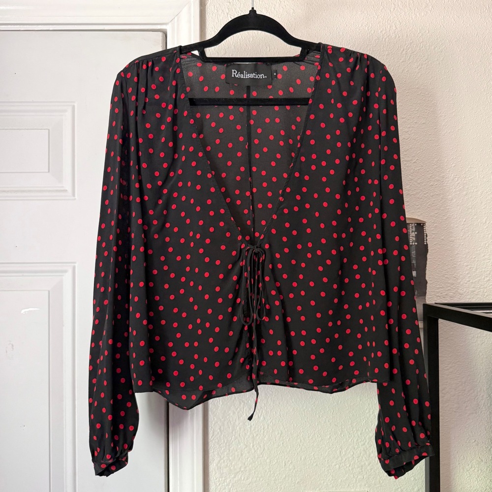 REALISATION PAR black red silk polka dot tie front cropped blouse top shirt